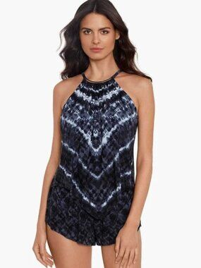 186$ Magicsuit Vera Cruz Goldie Halter Neck Swim Romper Size 14 US Black Blue